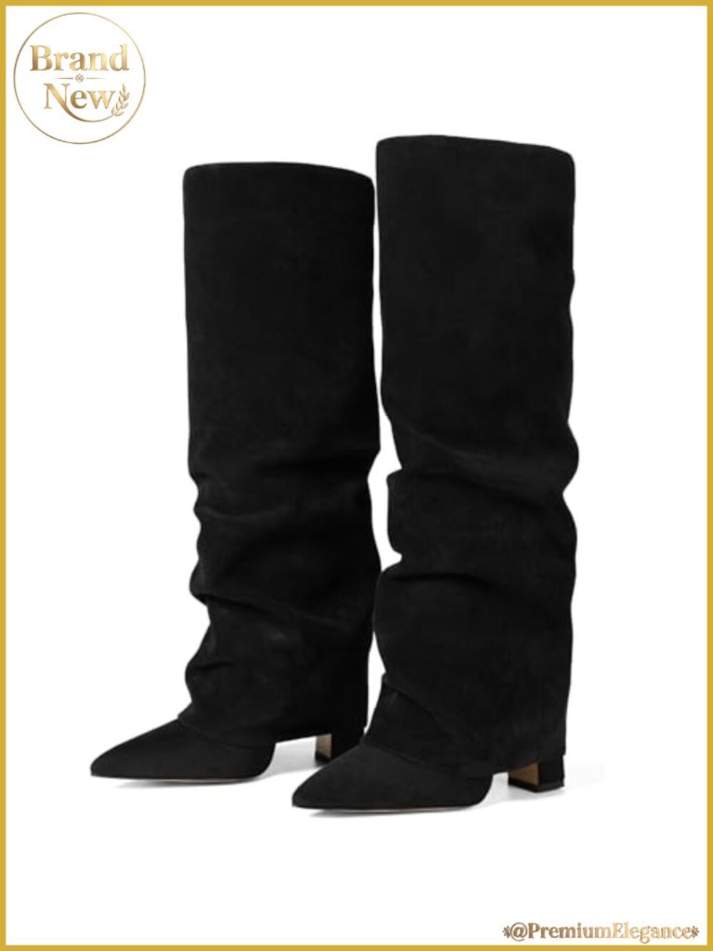 Fold Over Knee High Boots Wide Calf Chunky Block Heel Slip On Shark Boots